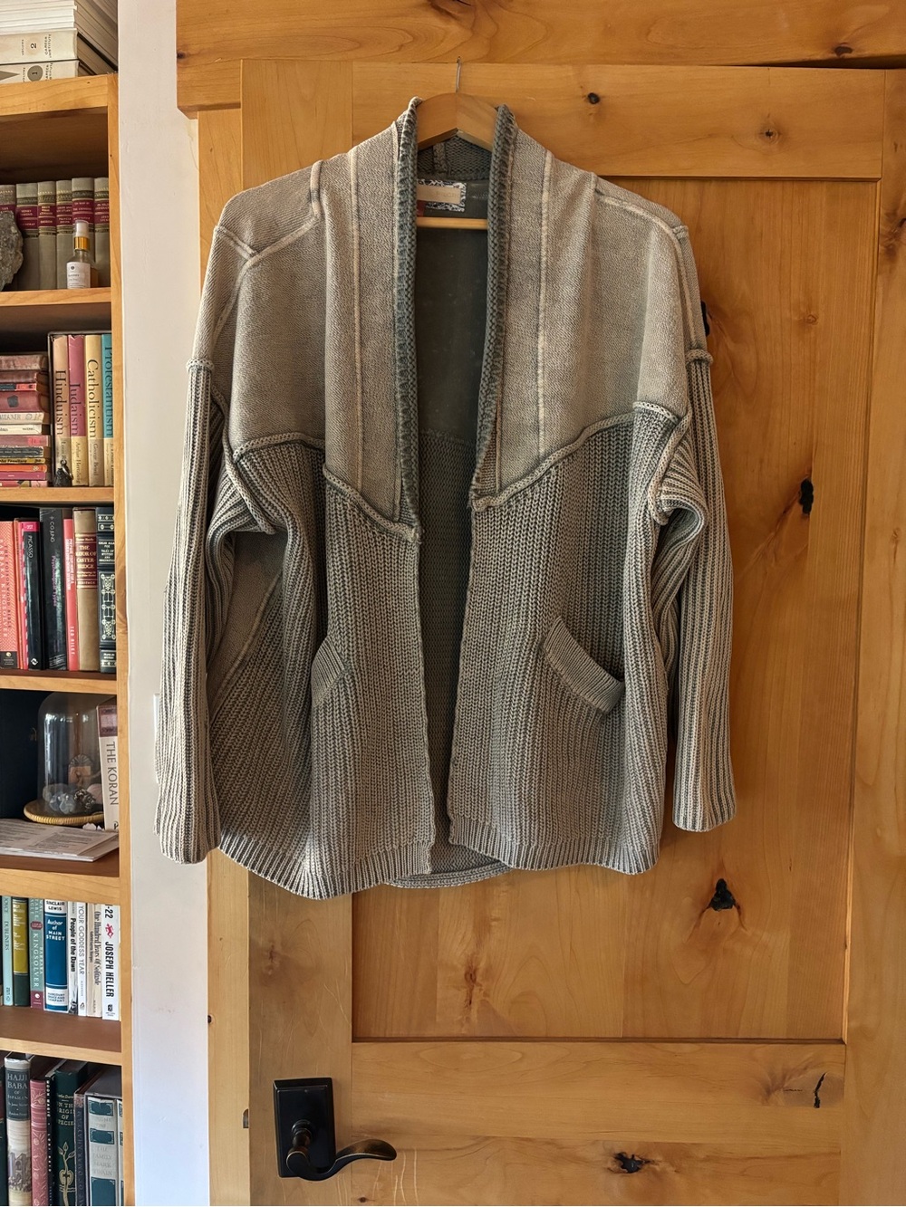 Pilcro Striped Open-Front Knit Cardigan in Washed Light Gray